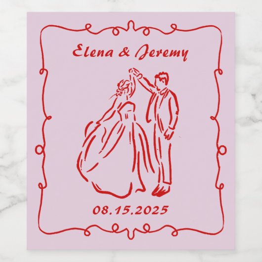 ピンクの手描き結婚式ワインボトルラベル ワインラベル (シングルラベル)