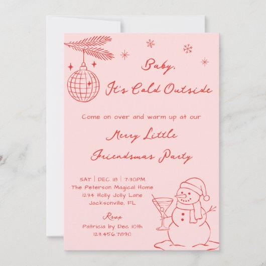 ピンクの手描き雪だるまフレンドマス クリスマスパーティ 招待状 (正面)