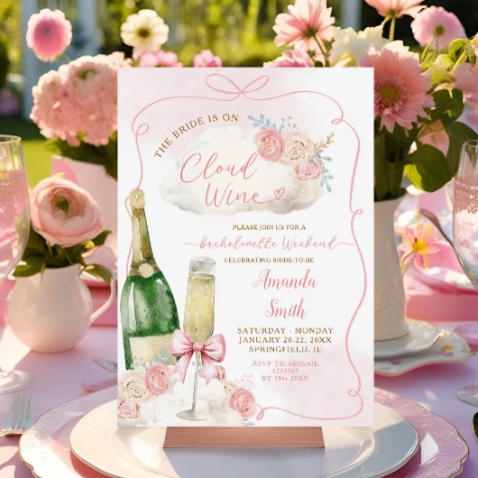 ピンクの手描き雲ワインのバチェロレッテ日程 招待状