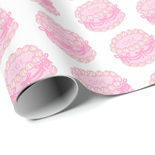 ピンクの手書きお誕生日ケーキ編集可能な年 ラッピングペーパー (ロールコーナー)
