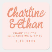 ピンクの手書きレトロウェディング長方形ステッカー スクエアシール (正面)