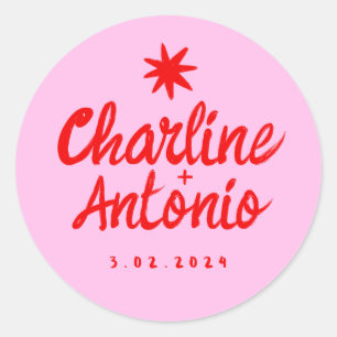ピンクの手書きレトロウェディング長方形ステッカー ラウンドシール