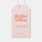 ピンクの手書きレトロ結婚の四角形のシール ギフトタグ (正面)