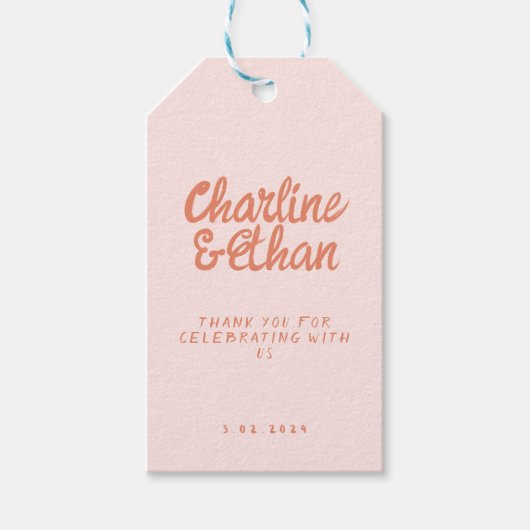 ピンクの手書きレトロ結婚の四角形のシール ギフトタグ (正面)