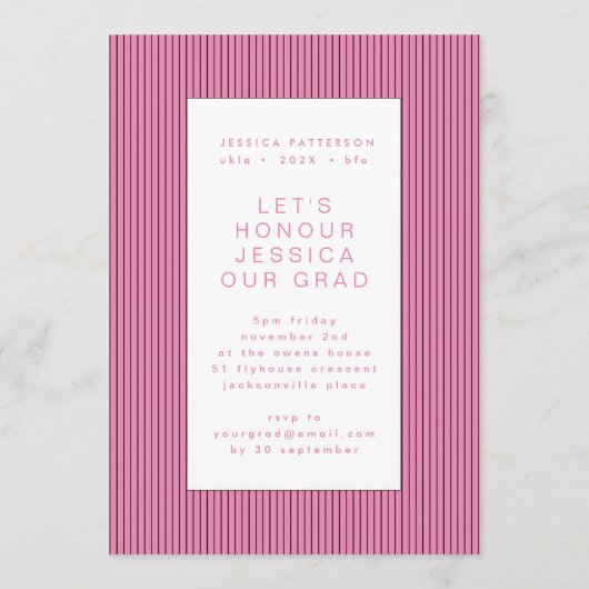 ピンクの手書き大学院編集可能な卒業 案内状 (裏面)
