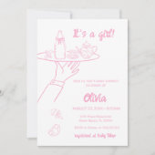 ピンクの手書き手書き手書きお洒落ベビーシャワー 招待状 (正面)