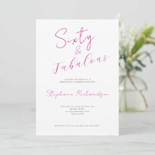 ピンクの手書き風フォントで華やかに「Sixty & Fabulous」60歳の誕生日パーティー 招待状 (スタンド正面)