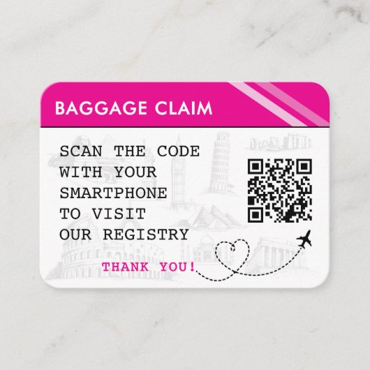ピンクの手荷物預りブライダルシャワー簿 エンクロージャーカード (正面)