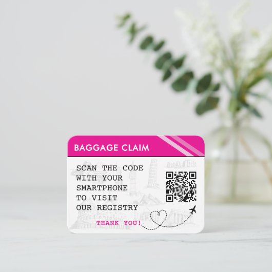 ピンクの手荷物預りブライダルシャワー簿 エンクロージャーカード (スタンド正面)