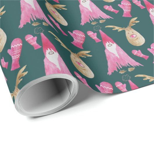 ピンクの手袋をしたクリスマスの小人とトナカイ ラッピングペーパー (ロールコーナー)