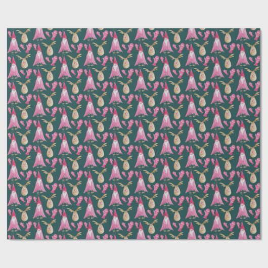 ピンクの手袋をしたクリスマスの小人とトナカイ ラッピングペーパー (フラット)