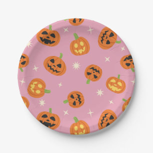 ピンクの投げられたハロウィンのカボチャ模様 ペーパープレート