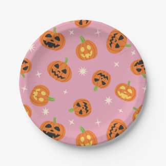 ピンクの投げられたハロウィンのカボチャ模様 ペーパープレート