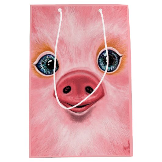 ピンクの抱き枕と赤ちゃん豚 – スマイル ミディアムペーパーバッグ (正面)