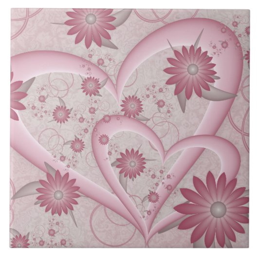 ピンクの抽象的なハートと花の愛のフラクタルアート タイル (正面)