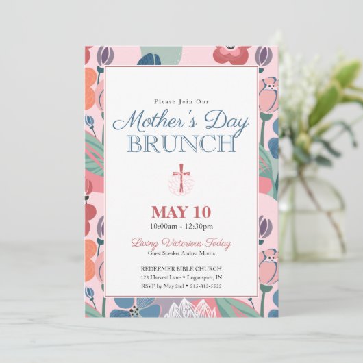 ピンクの抽象的な花の教会の母の日のブランチ 招待状 (スタンド正面)