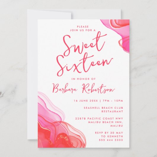 ピンクの抽象的水彩デザインが可愛いSweet Sixteen 招待状 (正面)