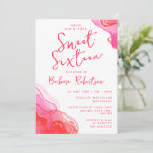 ピンクの抽象的水彩デザインが可愛いSweet Sixteen 招待状 (スタンド正面)