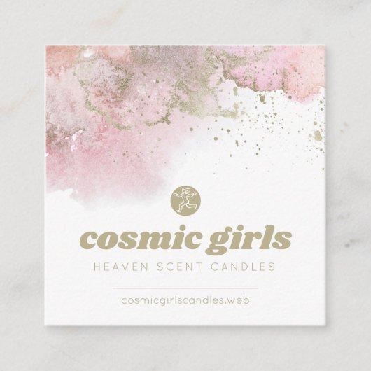 ピンクの抽象芸術アートと金ゴールドアクセント スクエア名刺 (正面)