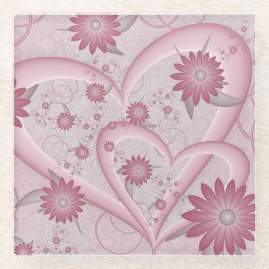ピンクの抽象芸術ハート&フラワーフラワーフラクタルアートを愛 ガラスコースター (正面)