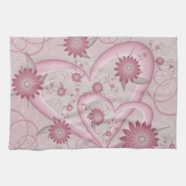 ピンクの抽象芸術ハート&フラワーフラワーフラクタルアートを愛 キッチンタオル