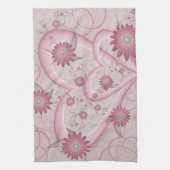 ピンクの抽象芸術ハート&フラワーフラワーフラクタルアートを愛 キッチンタオル (縦)