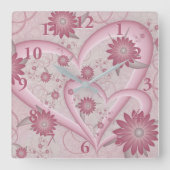 ピンクの抽象芸術ハート&フラワーフラワーフラクタルアートを愛 スクエア壁時計 (正面)