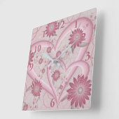 ピンクの抽象芸術ハート&フラワーフラワーフラクタルアートを愛 スクエア壁時計 (傾斜)