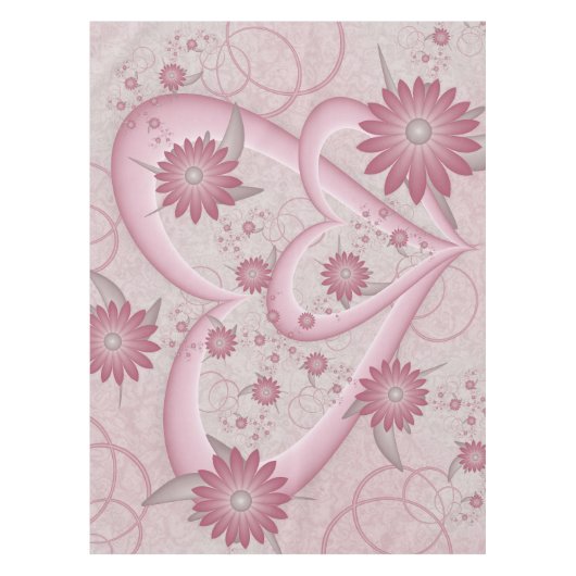 ピンクの抽象芸術ハート&フラワーフラワーフラクタルアートを愛 テーブルクロス (正面)