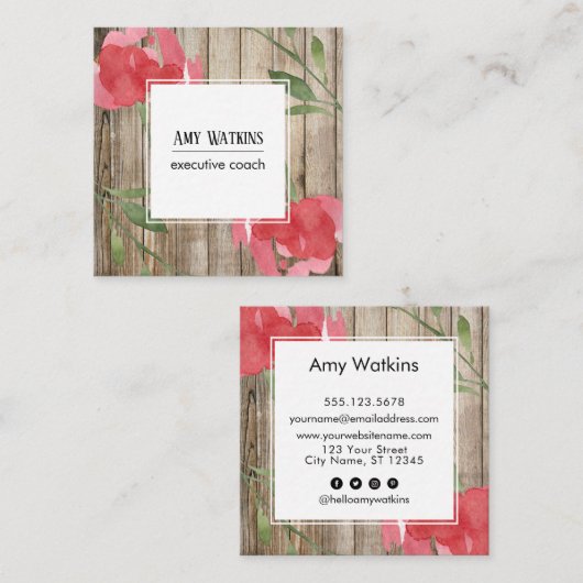 ピンクの抽象芸術バラの芽素朴、木材、ソーシャルアイコン スクエア名刺 (正面/裏面)