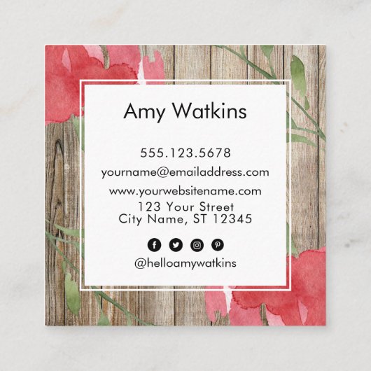 ピンクの抽象芸術バラの芽素朴、木材、ソーシャルアイコン スクエア名刺 (裏面)