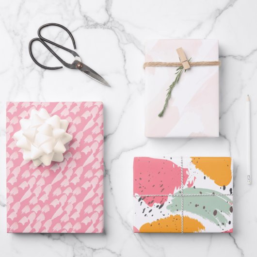 ピンクの抽象芸術水色のブラシストローク ラッピングペーパーシート (正面)