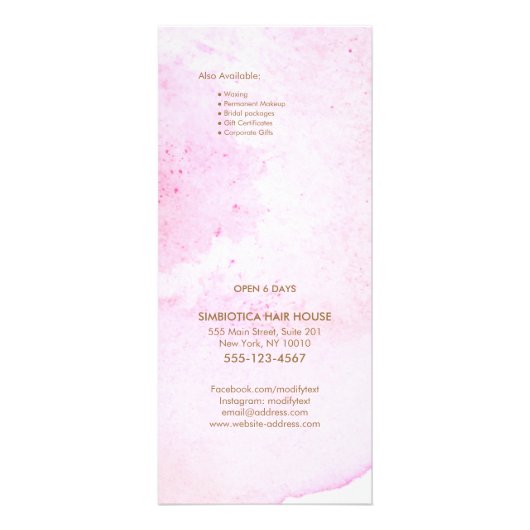 ピンクの抽象芸術水色サロン価格表メニュー ラックカード (裏面)