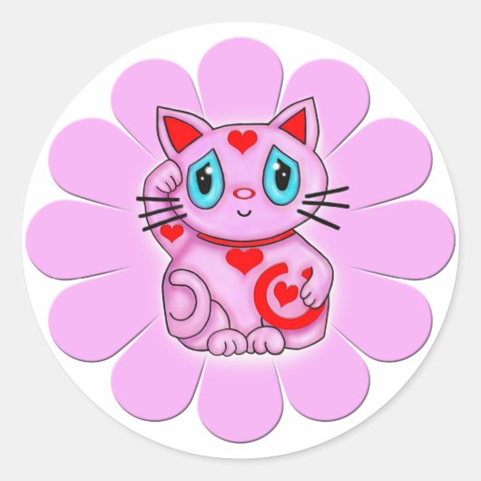 ピンクの招き猫招き招き ラウンドシール (正面)