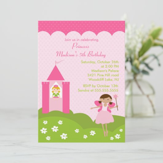 ピンクの招待状でかわいらしいプリンセスの誕生会 招待状 (スタンド正面)