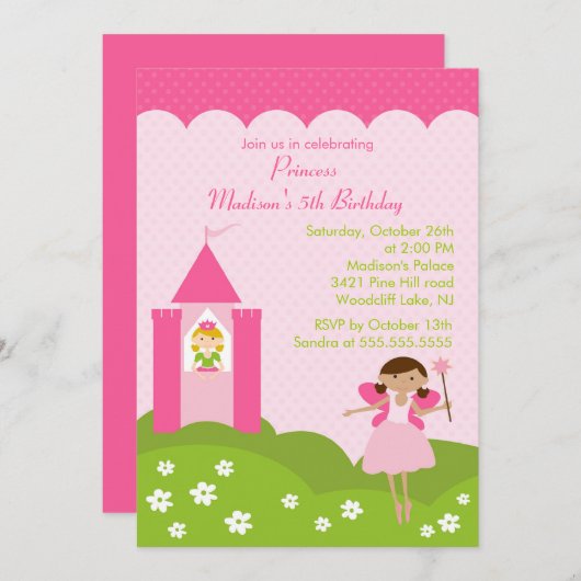 ピンクの招待状でかわいらしいプリンセスの誕生会 招待状 (正面/裏面)