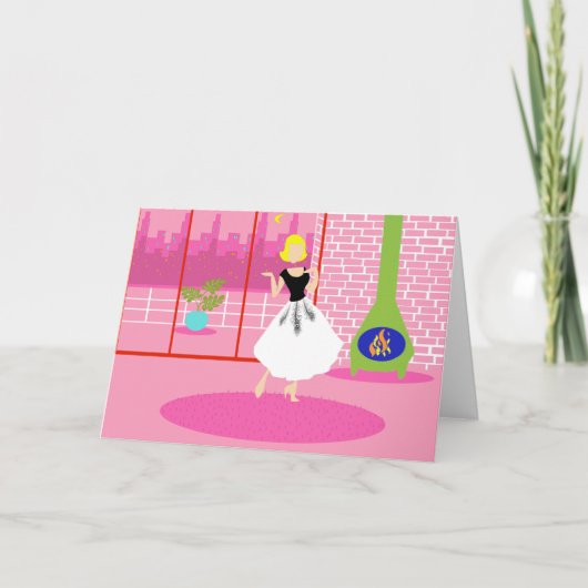 ピンクの挨拶状のレトロ カード (正面)