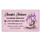 ピンクの掃除機の家の清掃業務 マグネット名刺 (正面)