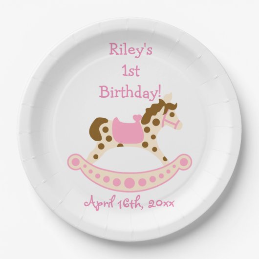 ピンクの揺り木馬の誕生日 ペーパープレート (正面)