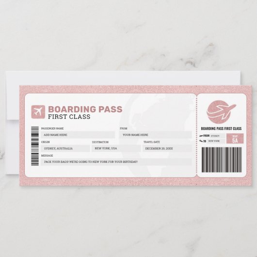 ピンクの搭乗券 旅行 飛行機 ギフト チケット 招待状 (正面)