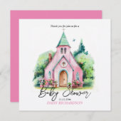 ピンクの教会のフローラ水の色の赤ちゃんシャワー サンキューカード (正面/裏面)