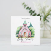 ピンクの教会のフローラ水の色の赤ちゃんシャワー サンキューカード (スタンド正面)
