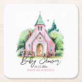 ピンクの教会のフローラ水の色の赤ちゃんシャワー スクエアペーパーコースター (正面)