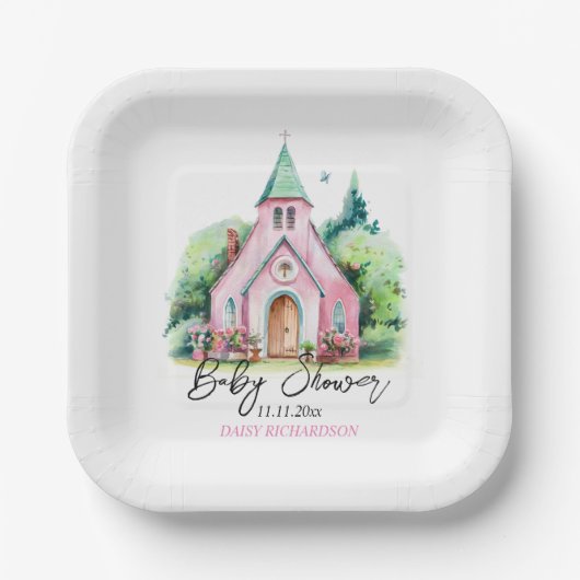 ピンクの教会のフローラ水の色の赤ちゃんシャワー ペーパープレート (正面)