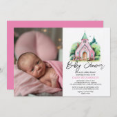 ピンクの教会のフローラ水の色の赤ちゃんシャワー 招待状 (正面/裏面)