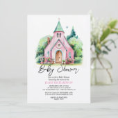 ピンクの教会のフローラ水の色の赤ちゃんシャワー 招待状 (スタンド正面)