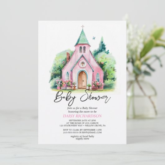 ピンクの教会のフローラ水の色の赤ちゃんシャワー 招待状 (スタンド正面)
