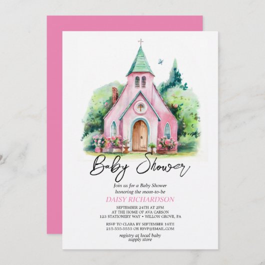 ピンクの教会のフローラ水の色の赤ちゃんシャワー 招待状 (正面/裏面)