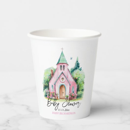ピンクの教会のフローラ水の色の赤ちゃんシャワー 紙コップ (正面)