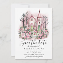 ピンクの教会の花の水彩画のSave the Date